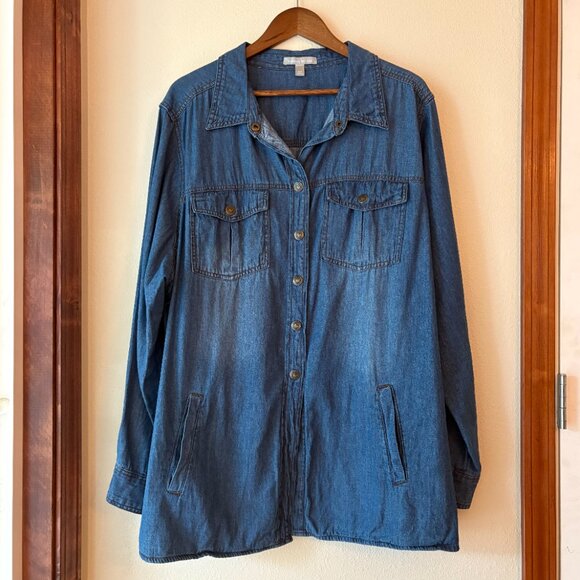 EUC Woman Within Medium Wash Denim Button Down Shirt Jacket Four Pockets Size XL - Picture 3 of 8